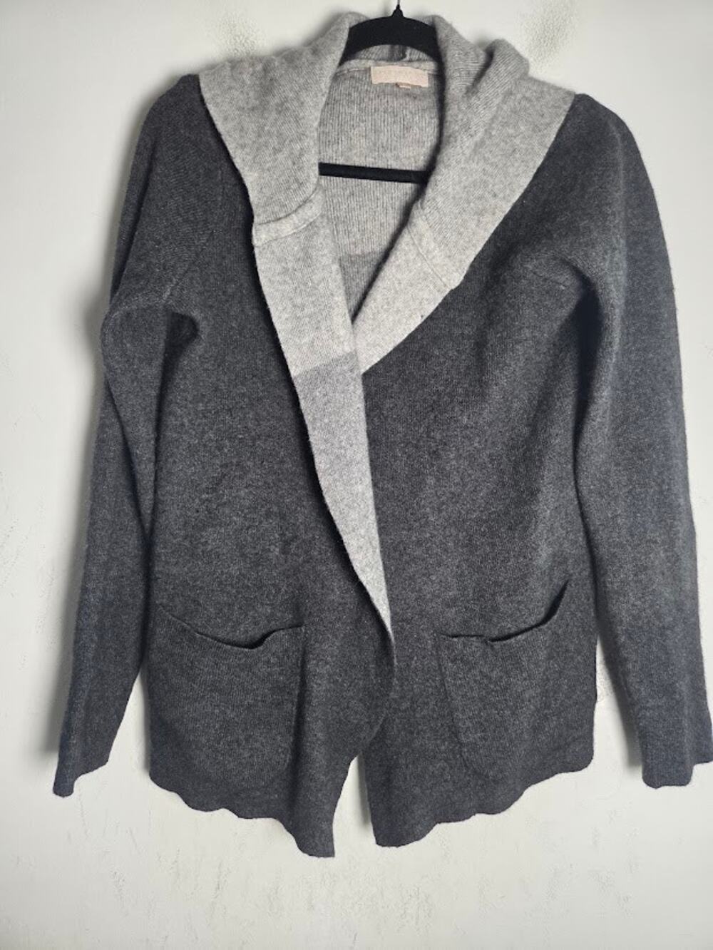 Benedetta B. Dark Grey Light Grey Merino Wool/Cashmere Hooded Cardigan Large
